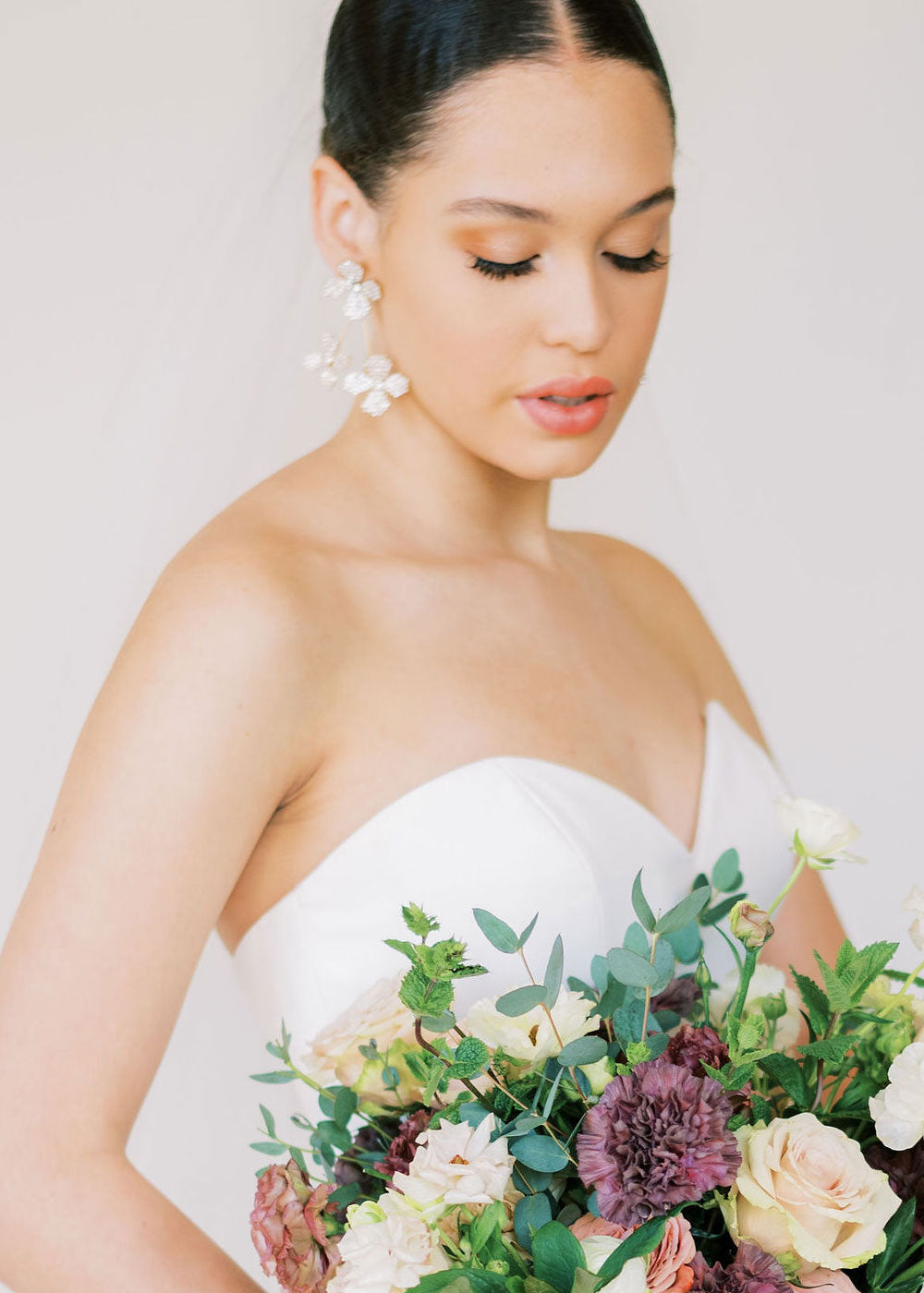 floral Swarovski crystal cascading earring in silver on bride side view