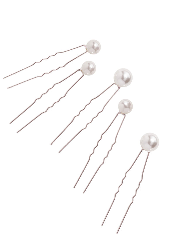 set of 5 mixed size pearl bridal hair pins on white background