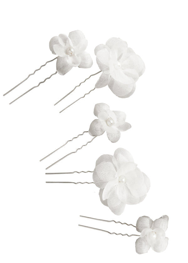 A set of five silk flower hairpins with crystal pearls, in beige color, displayed on a white background.