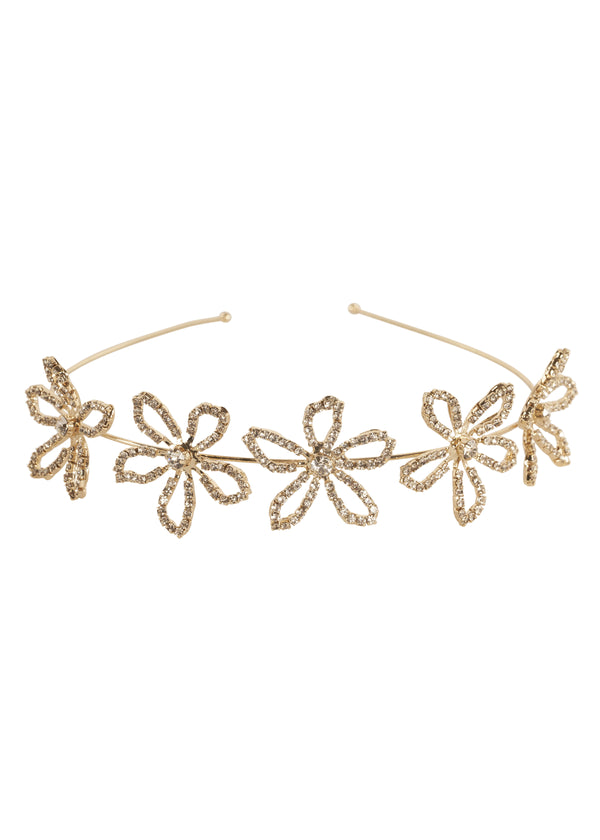 Scattered floral gold crystal hairpiece laid flat on white background