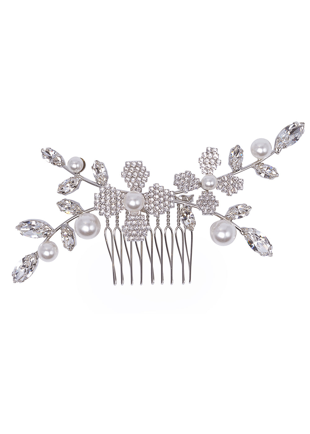 Pearl and crystal bridal hair comb on white background