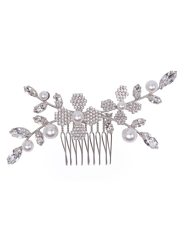 Pearl and crystal bridal hair comb on white background