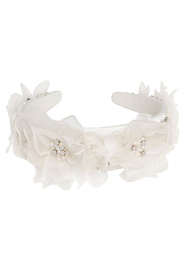A floral silk headband made with organza flowers and pearl and pearl accents.