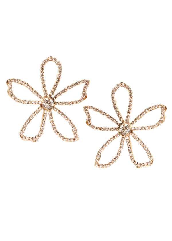 Large Open flower crystal stud earring in gold on white background