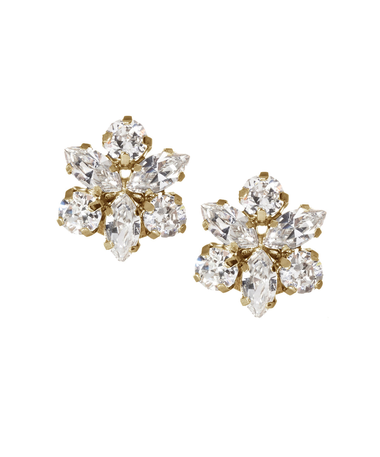 A clustered Swarovski crystal gold stud earring on white background