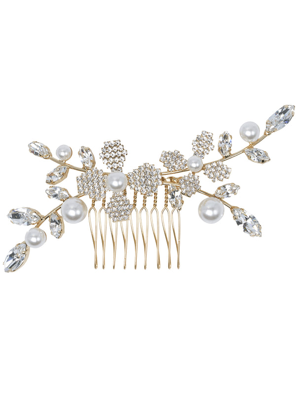 Gold crystal and pearl floral hair comb on white back ground