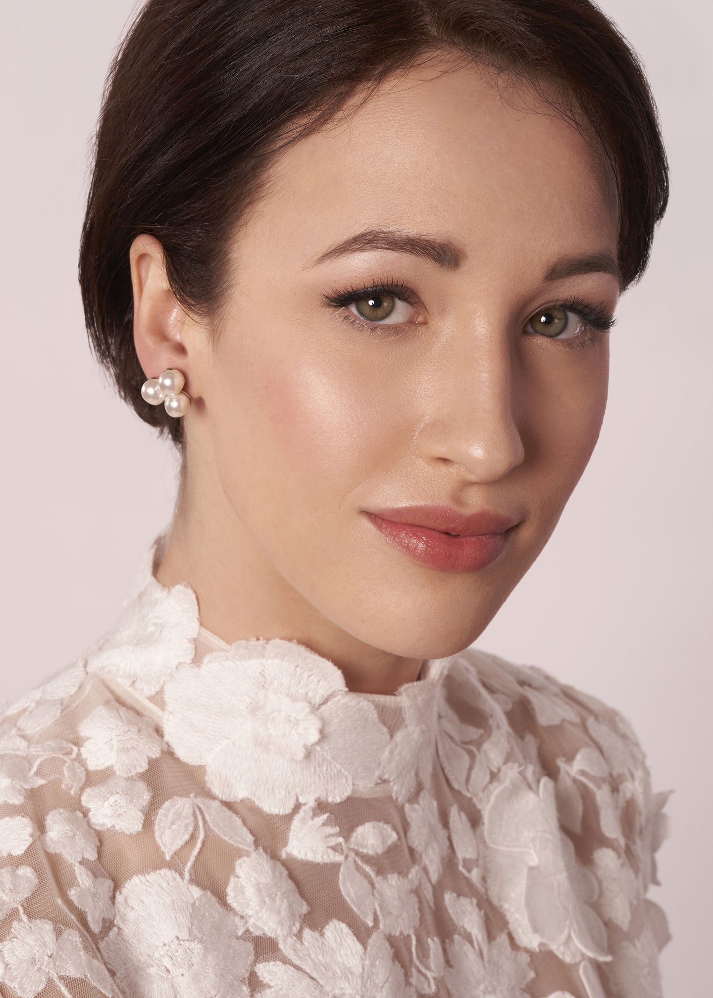 gold Swarovski pearl cluster stud earring on model in lace dress