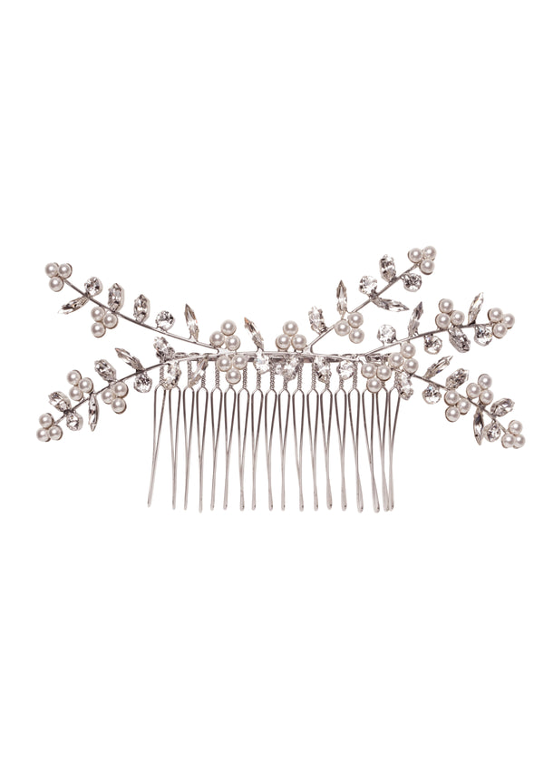 Silver Crystal and pearl branch style bridal hair comb on a white background.