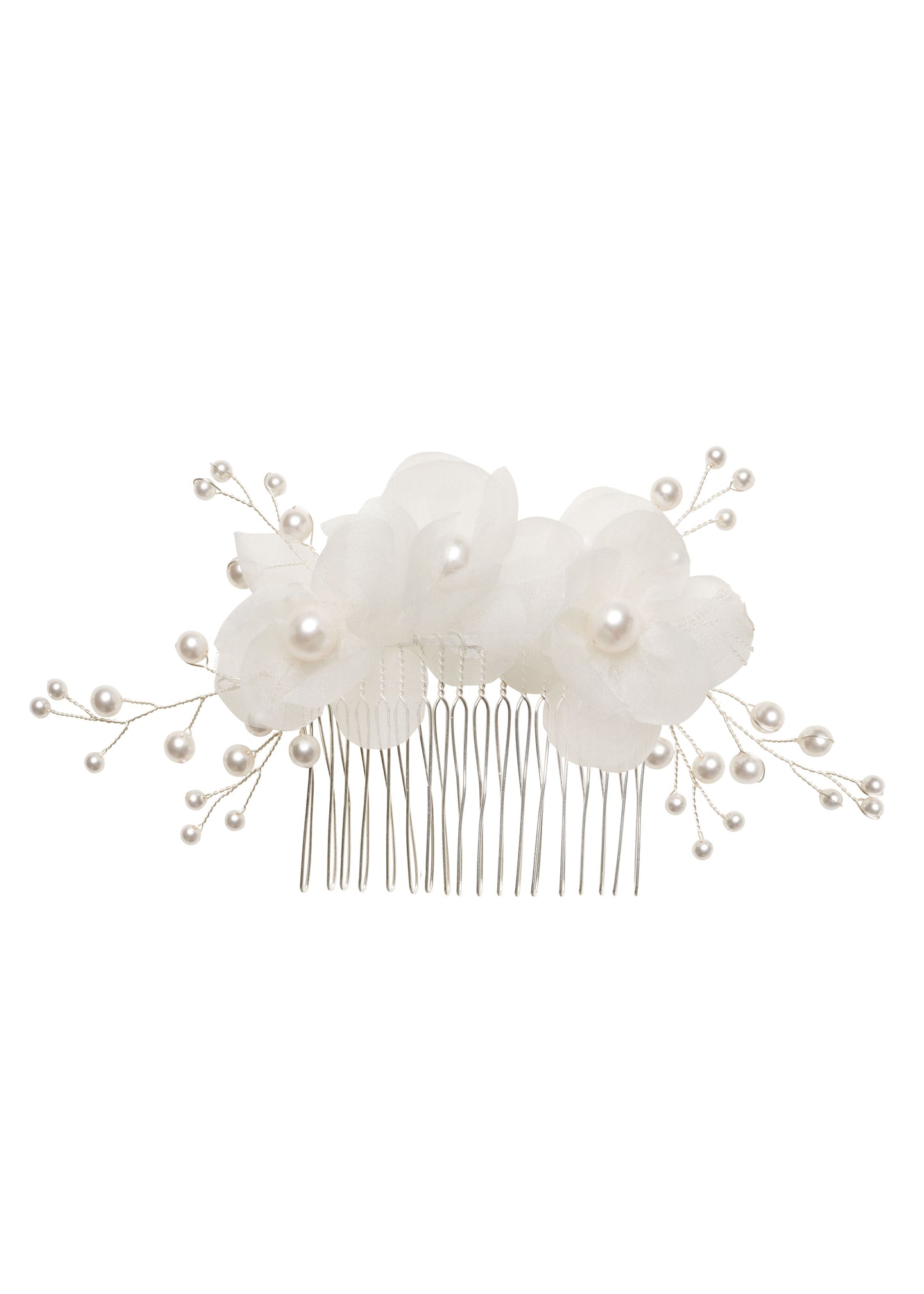 A pearl accented hair comb with a base wire and hand assembled pressed silk flowers, adorned with European pearls.