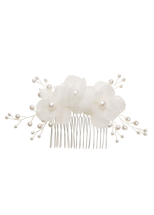 A pearl accented hair comb with a base wire and hand assembled pressed silk flowers, adorned with European pearls.