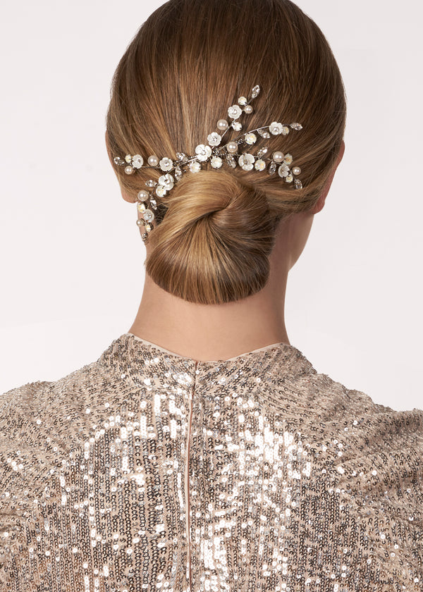 Mother of pearl bridal hair comb on model (back view)