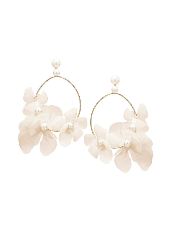 Blush silk floral bridal earring with pearl accents on white back ground 