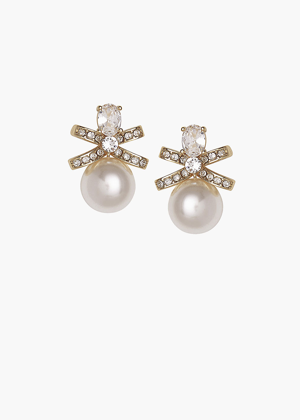 Pair of pearl earrings with gold accents and clear gemstones on a white background