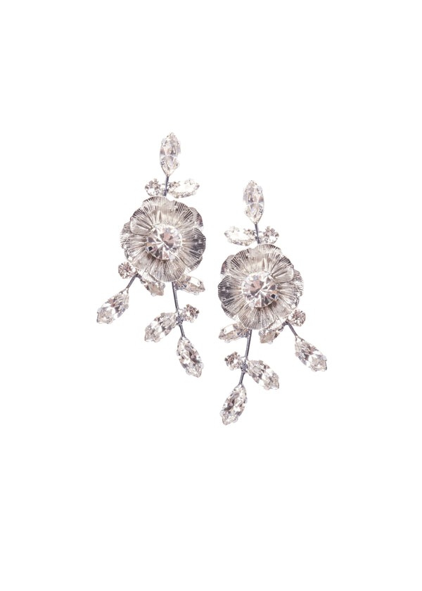 Pair of silver floral earrings on a white background