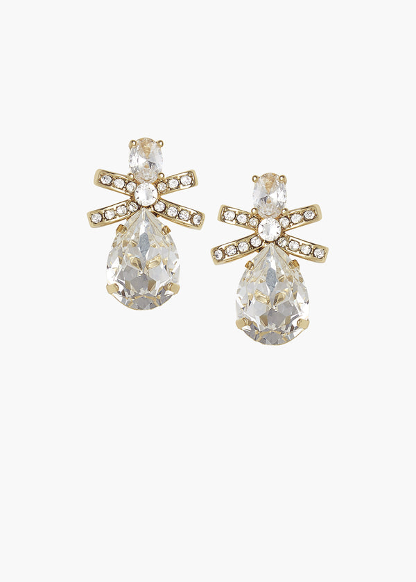 Crystal teardrop earrings in gold with a bow accent