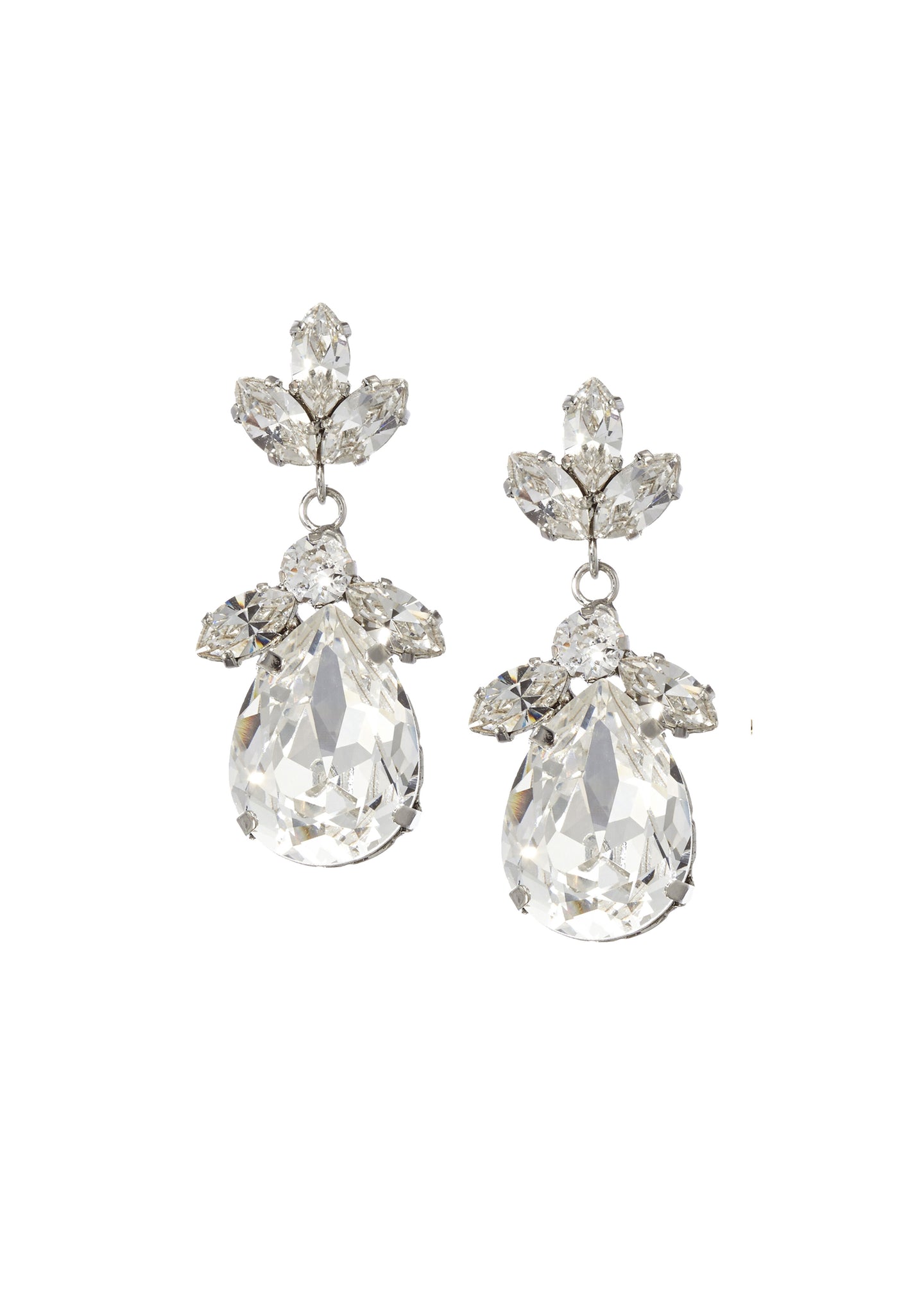 A pair of classic tear drop earrings with clear facetted European crystals and a rhodium plate finish.