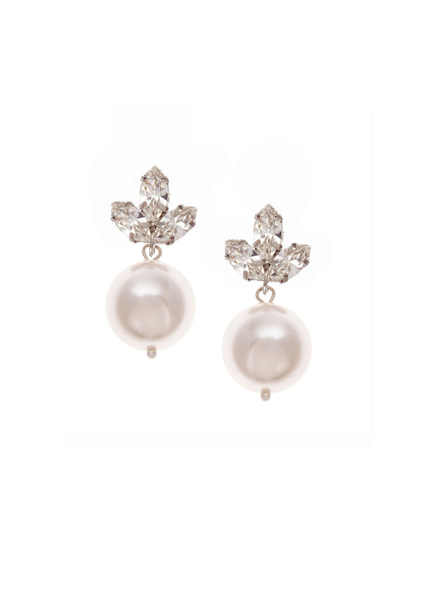 A pair of pearl stud earrings with crystal embellishments on a white background.