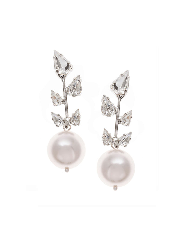 A pair of pearl drop earrings with a crystal vine style design, featuring a rhodium plate finish and round pearl drops.