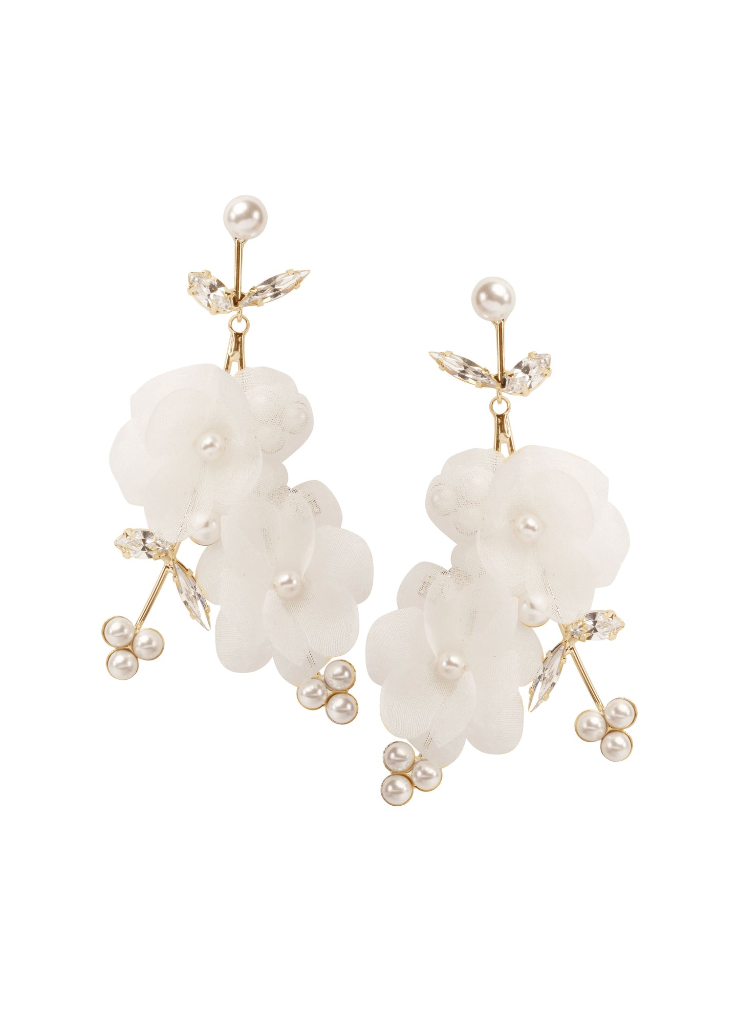 Ivory Silk floral gold chandelier earring with pearl accents on white back ground