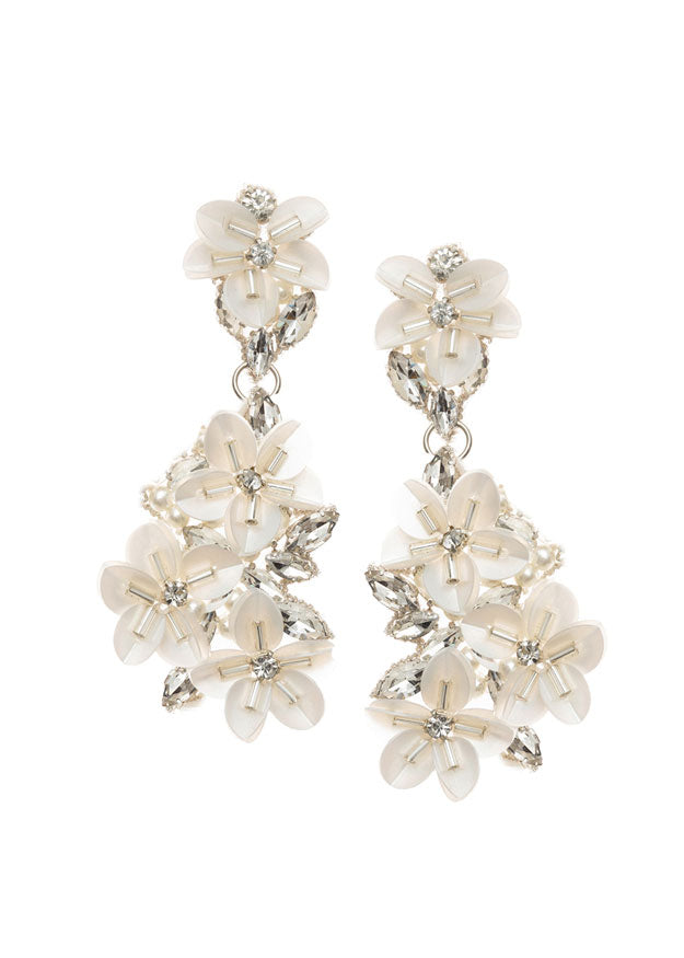 A pair of pearl-colored drop earrings featuring sequin flowers and crystal accents.
