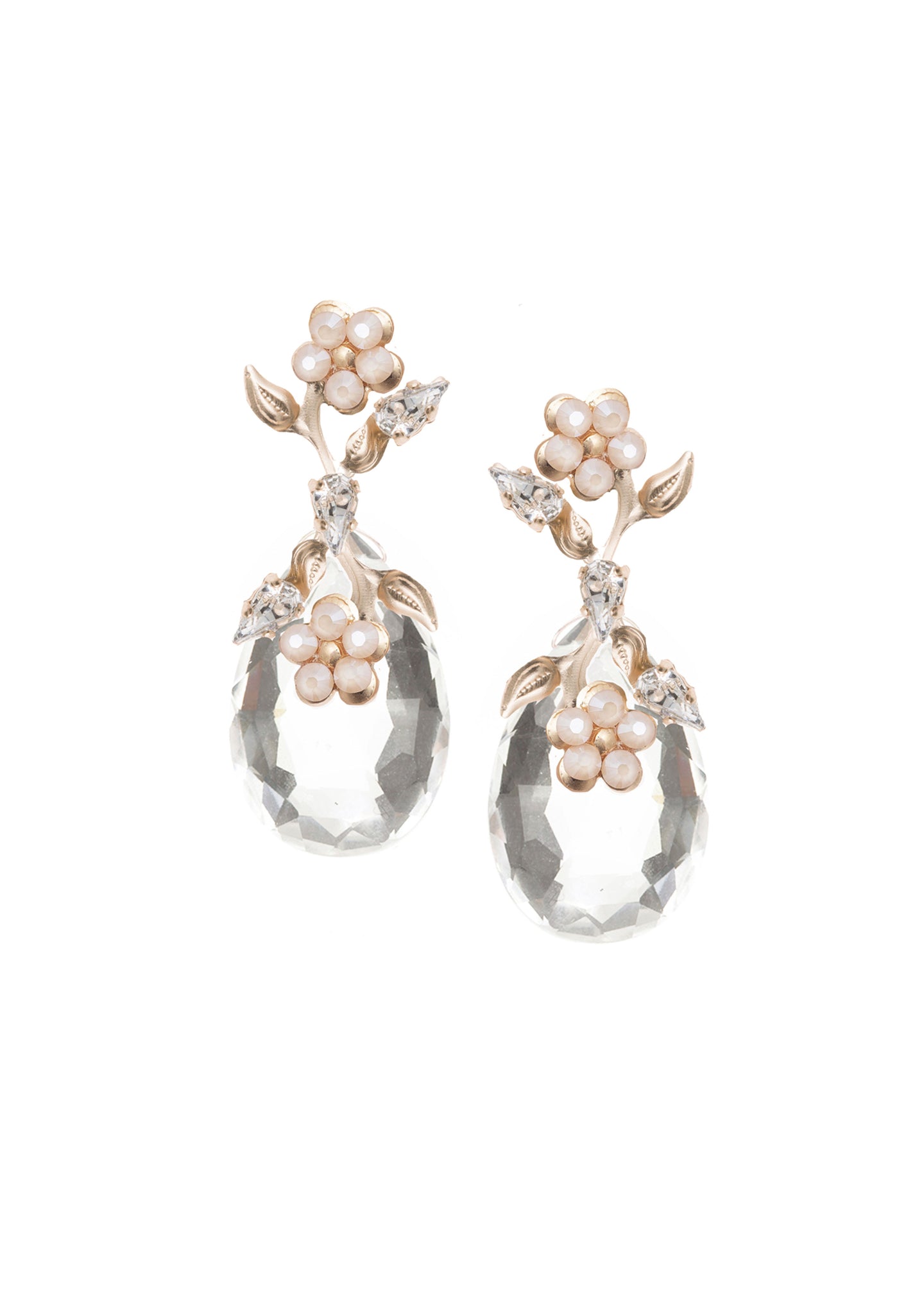 floral crystal drop earring with gold and blush accents on white background 