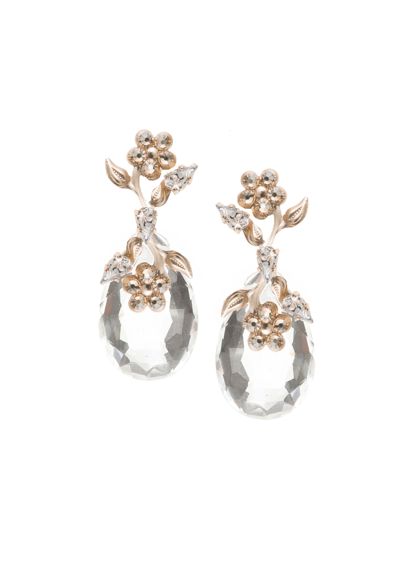 floral crystal drop earring with matte gold and crystal accents on white background 