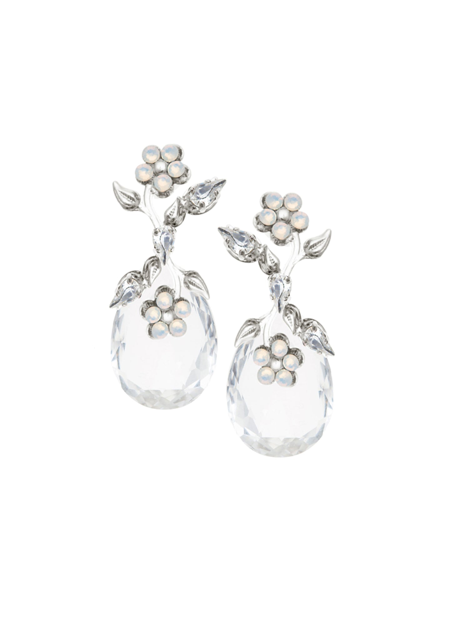 floral crystal drop earring with silver and opal accents on white background 