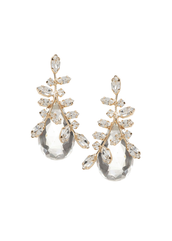 Glass tear drop crystal accents drop earring in gold on white background 