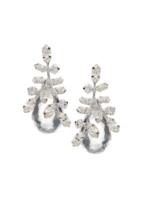 Glass tear drop crystal accents drop earring in silver on white background 