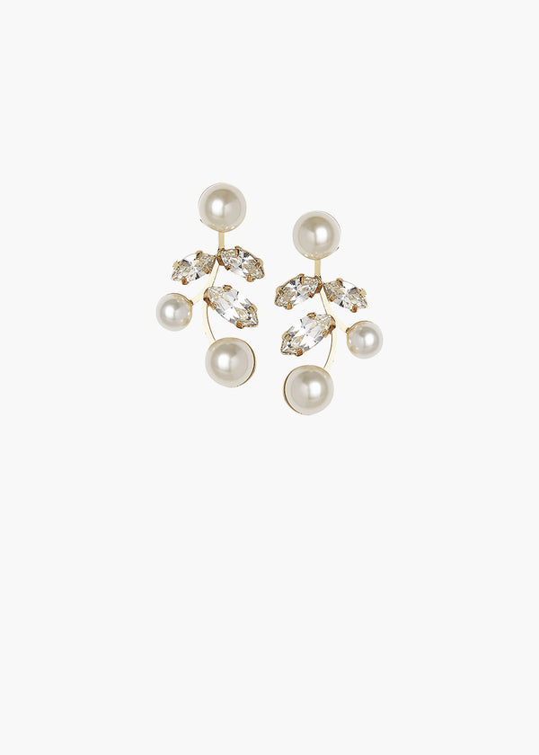 Pair of pearl and crystal earrings on a white background