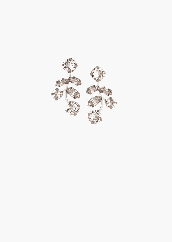 Pair of floral earrings with rhinestones on a white background