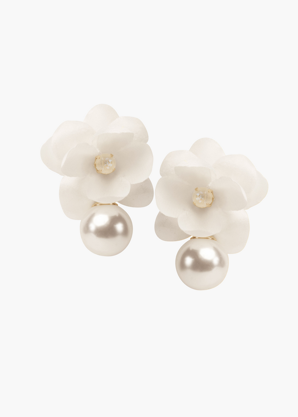 Pair of white floral earrings with pearl-like centers on a white background