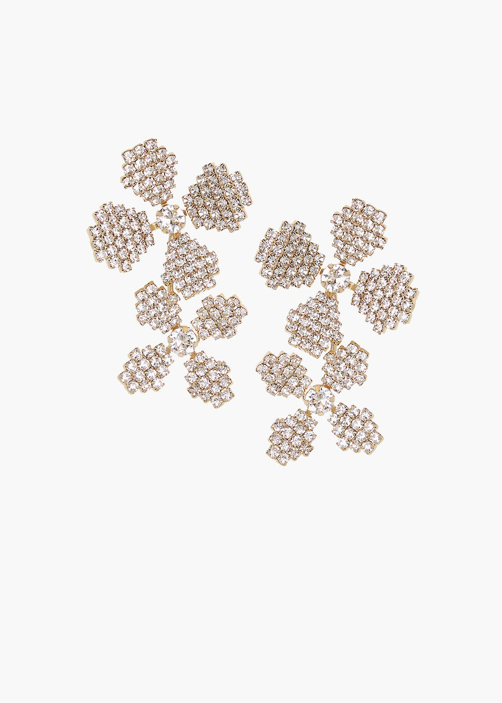 A pair of Swarovski gold crystal double floral earrings against a white background