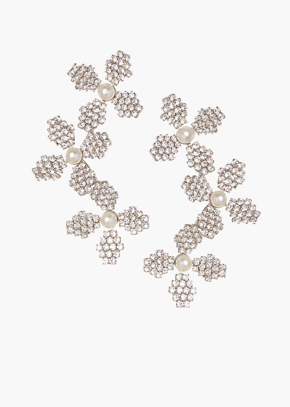 Pair of floral earrings with pearl accents on a white background