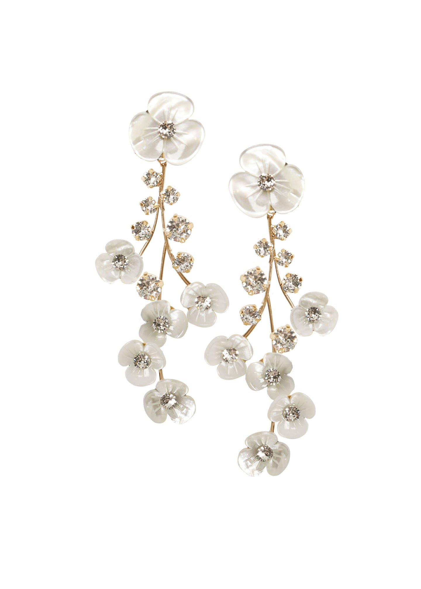 Cascading floral mother or pearl floral earring in gold on white background 