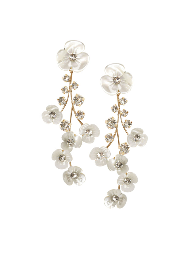 Cascading floral mother or pearl floral earring in gold on white background 