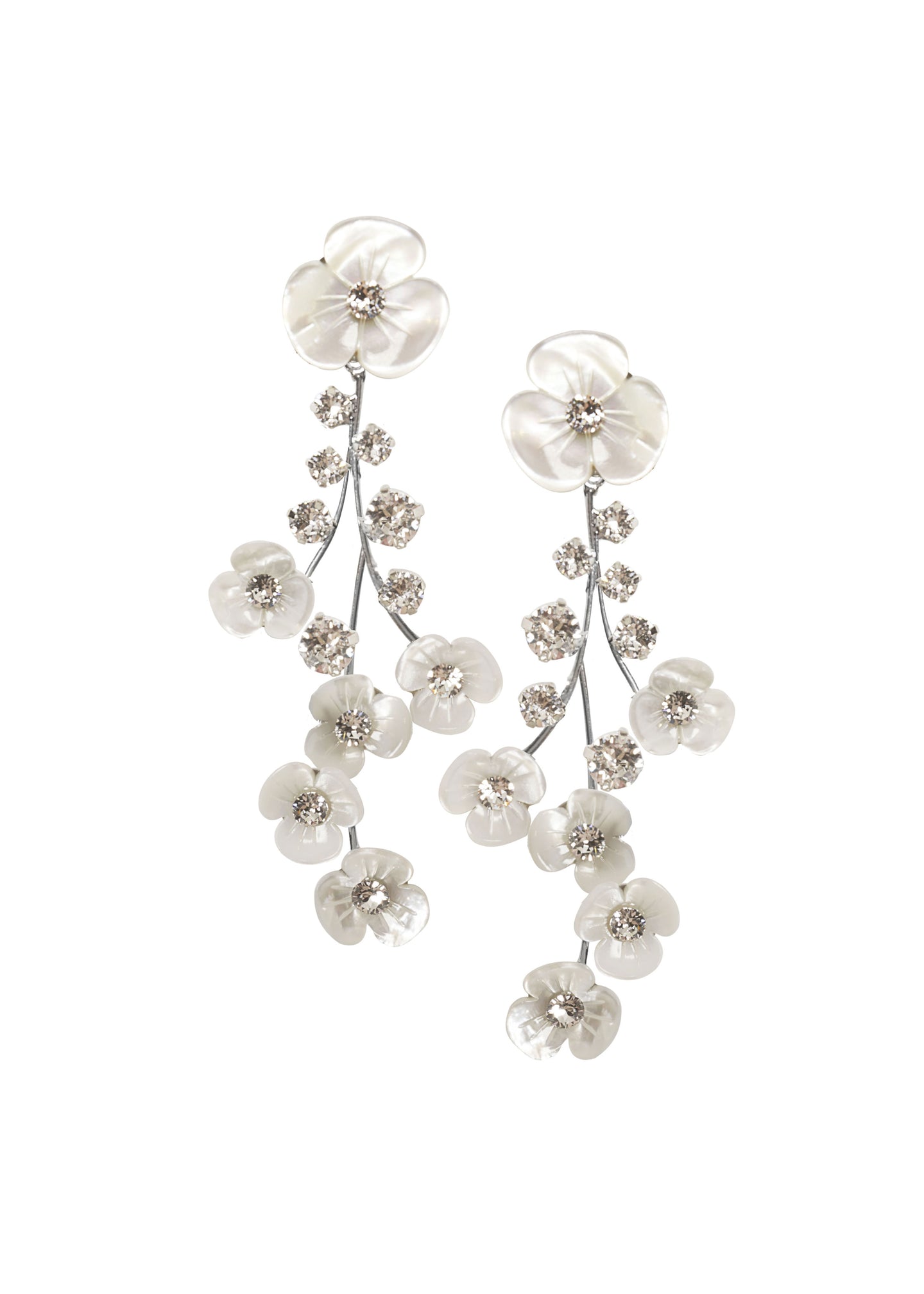 Cascading floral mother or pearl floral earring in silver on white background 