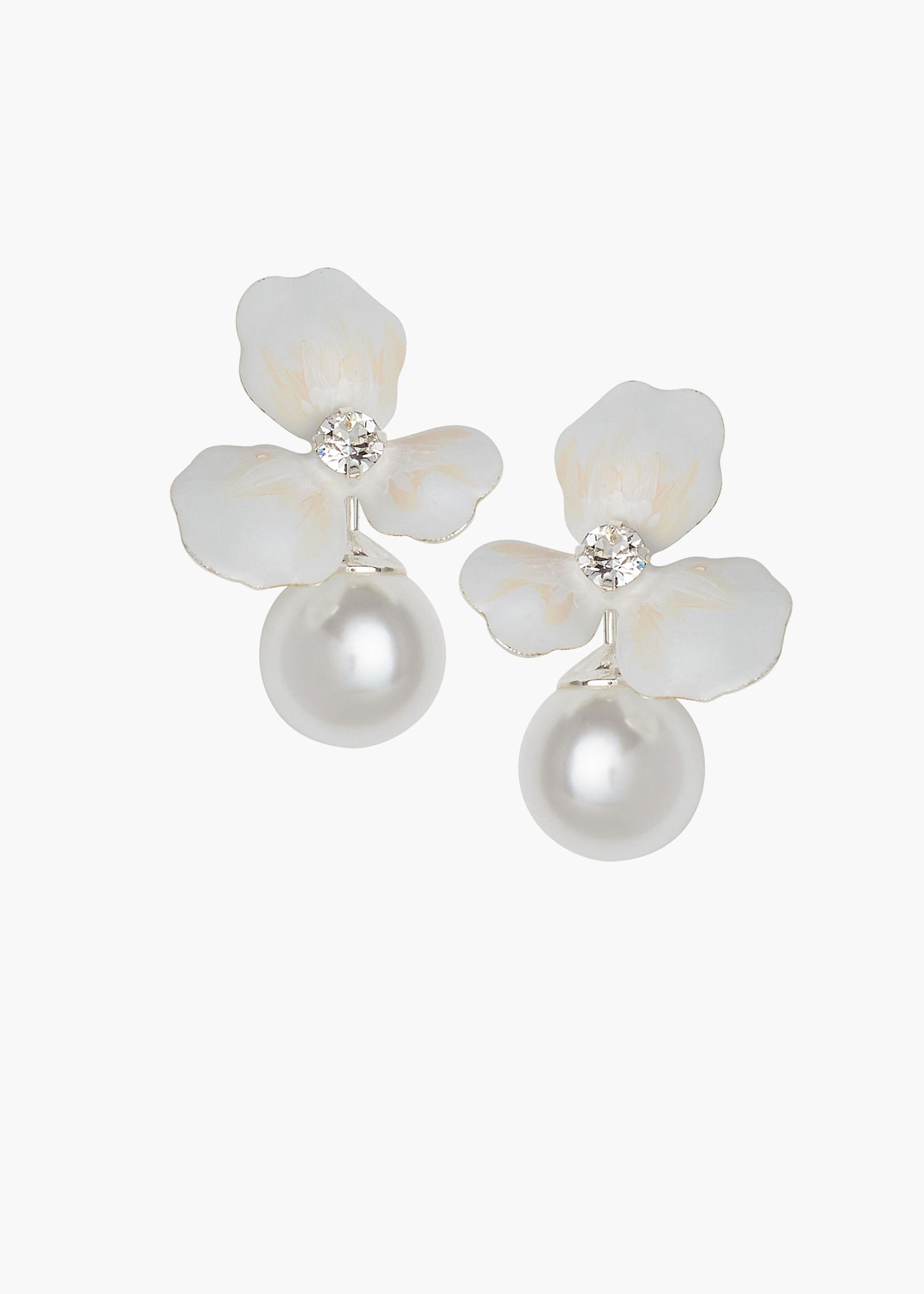 Pair of floral earrings with pearls on a white background