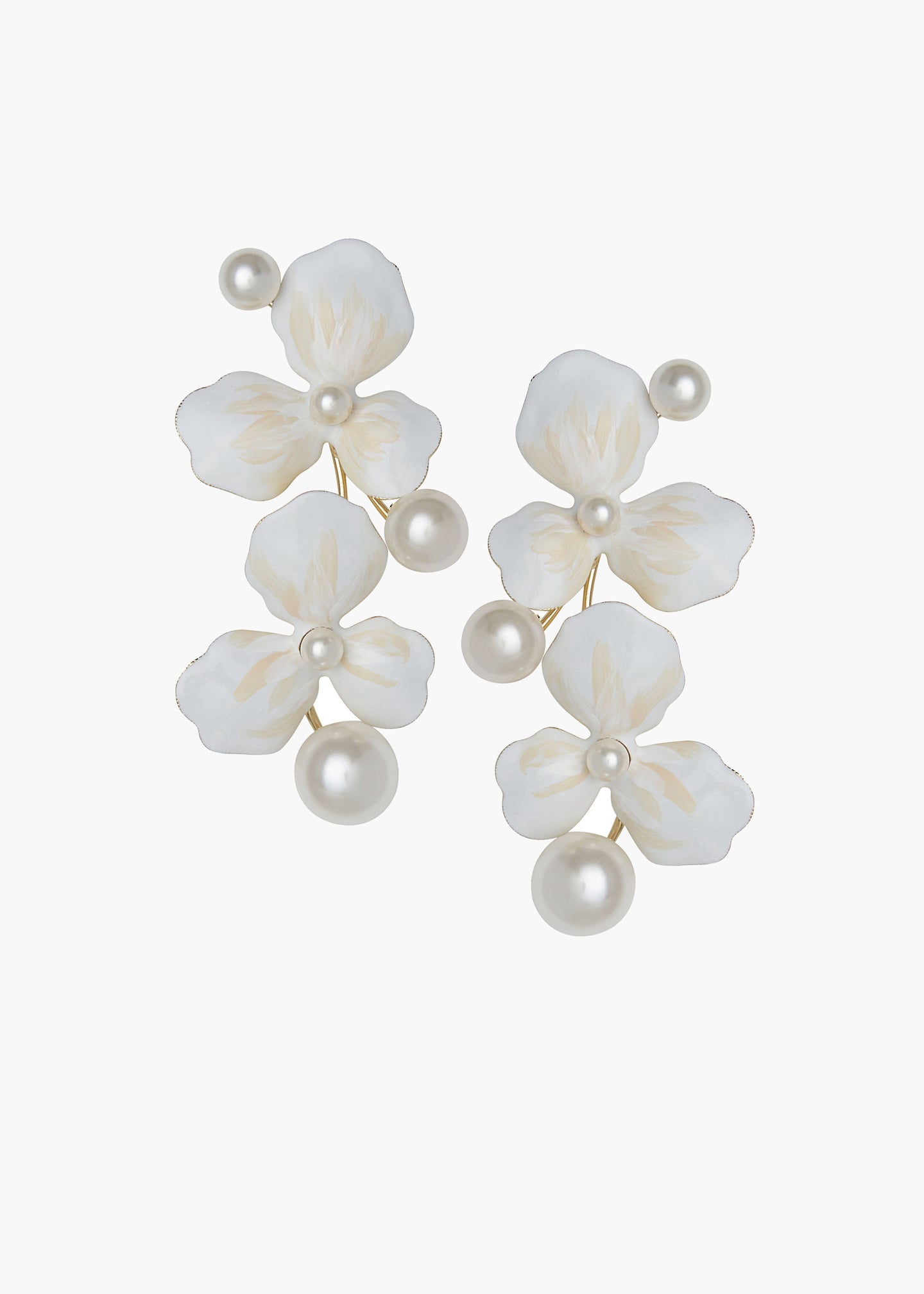 Pair of white floral earrings with pearl-like beads on a white background