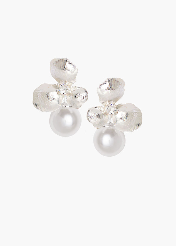 Silver floral and pearl stud earrings 