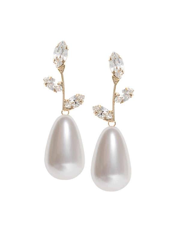 A pair of pearl drop wedding earrings with crystal embellishments and a teardrop accent, displayed against a white background.