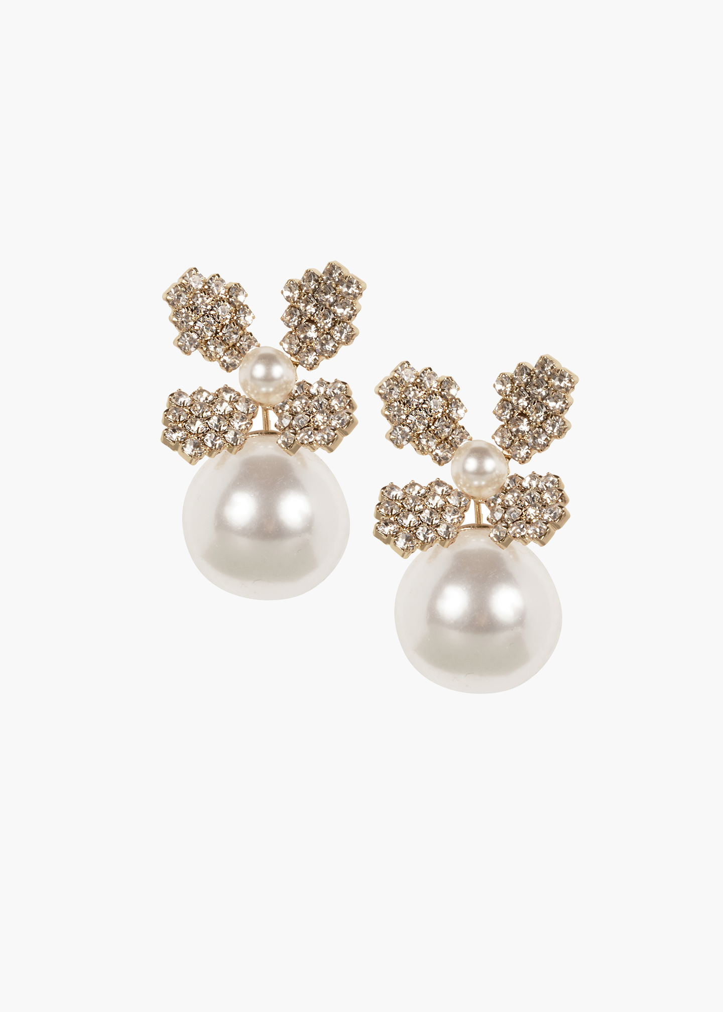 Gold Swarovski crystal and pearl stud bridal earring on white background