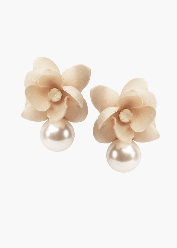 Pair of blush floral pearl earringson a white background