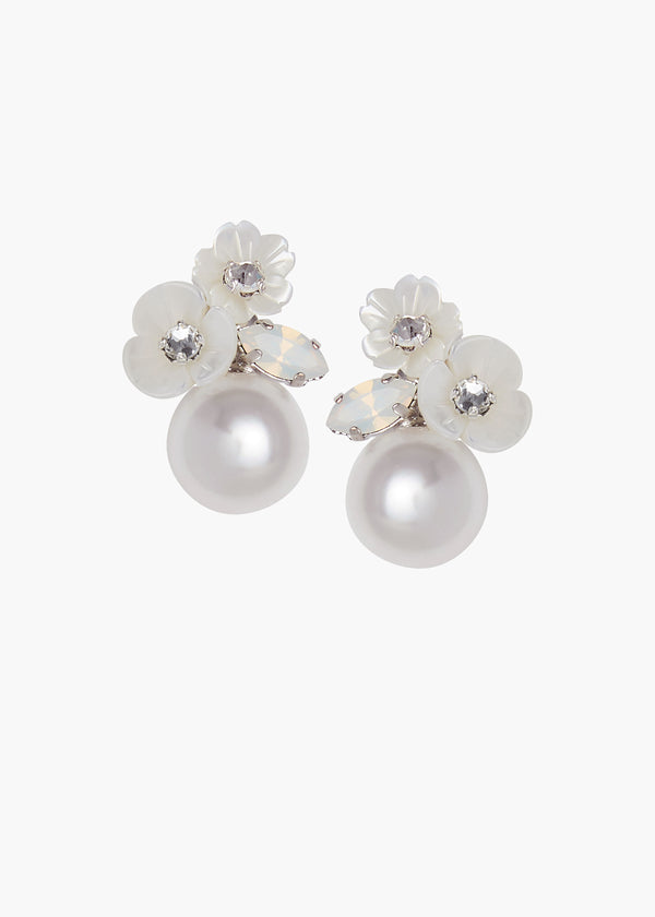 Pair of pearl earrings with floral designs on a white background