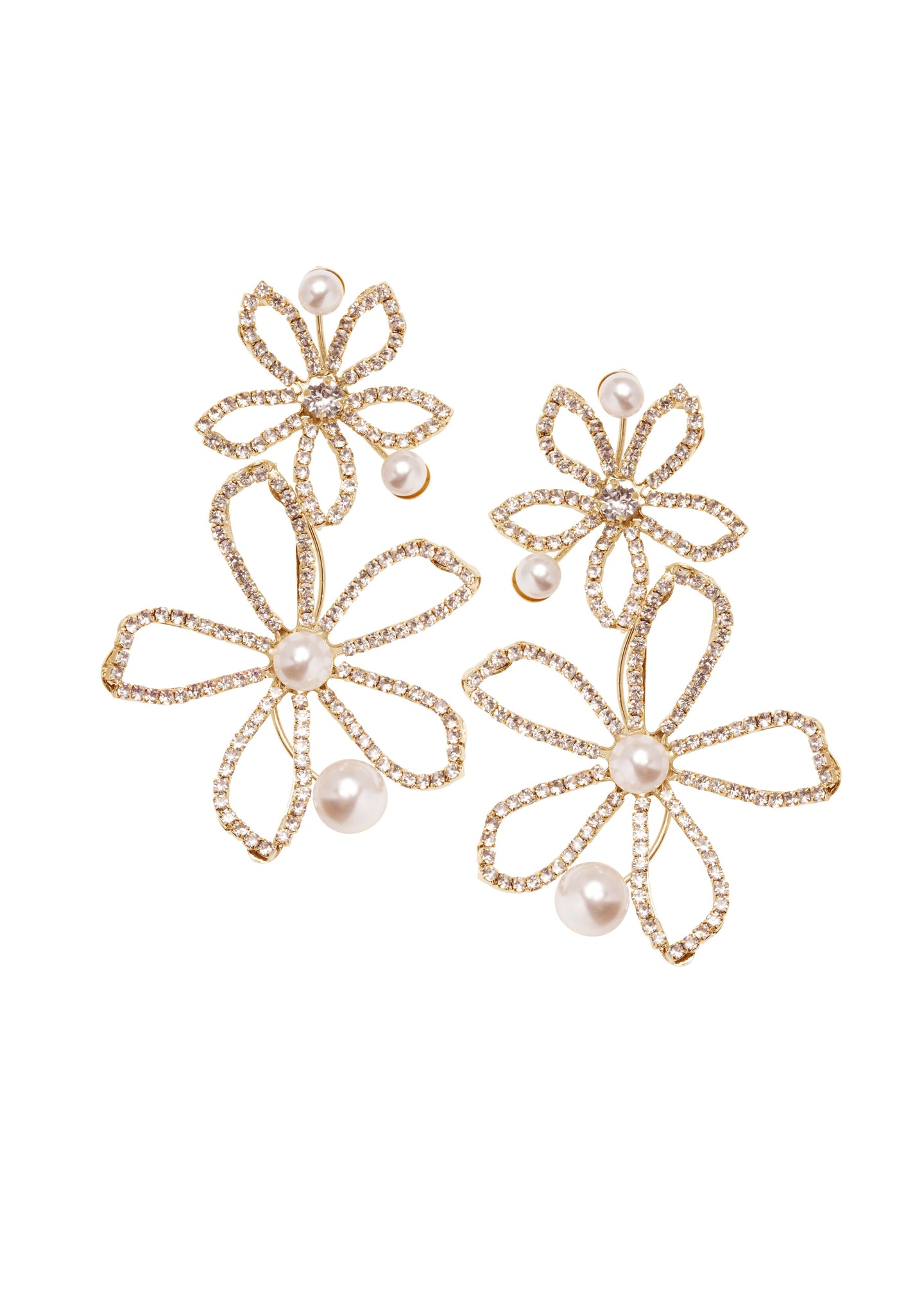 Floral statement Swarovski crystal and pearl gold earring on white background 