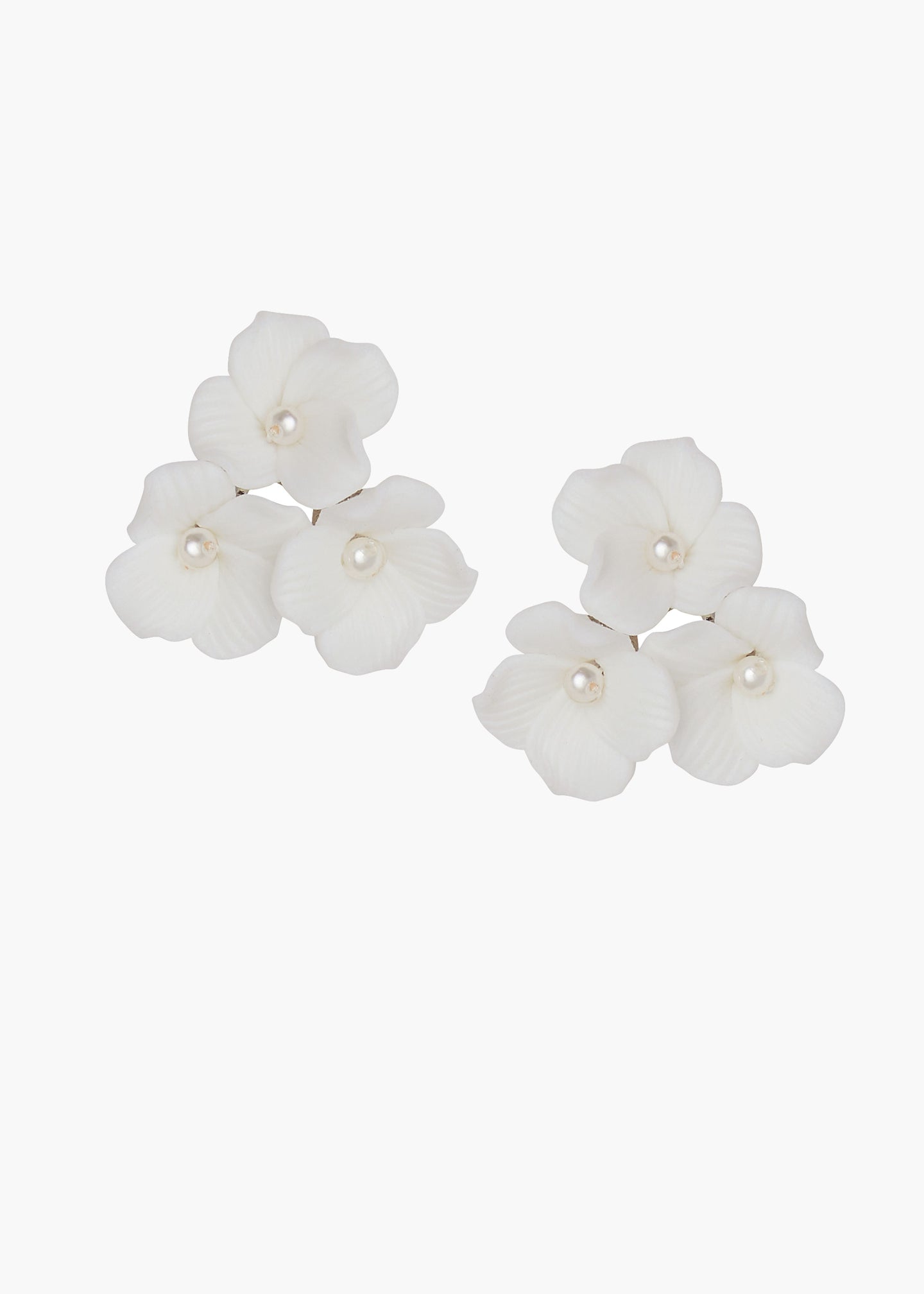 White floral earrings with pearl centers on a white background