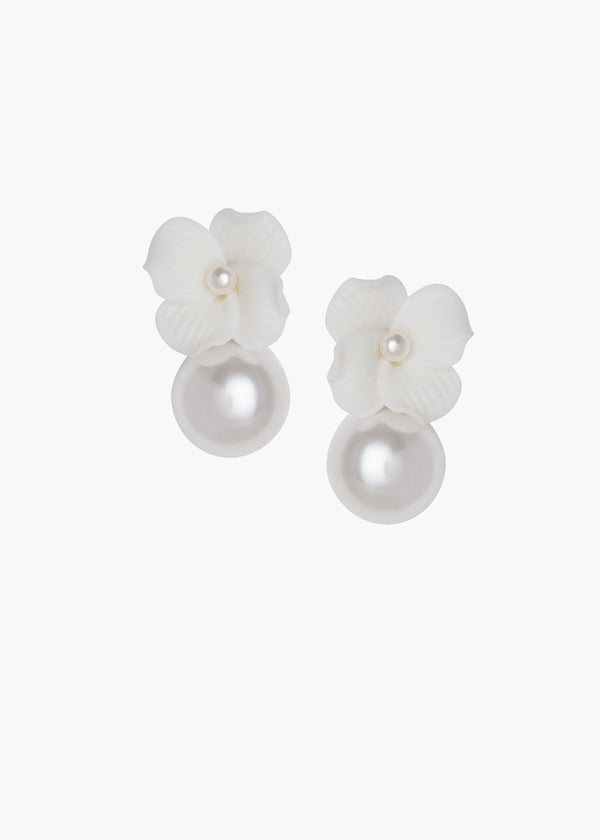 Pair of white floral earrings with pearl centers on a white background
