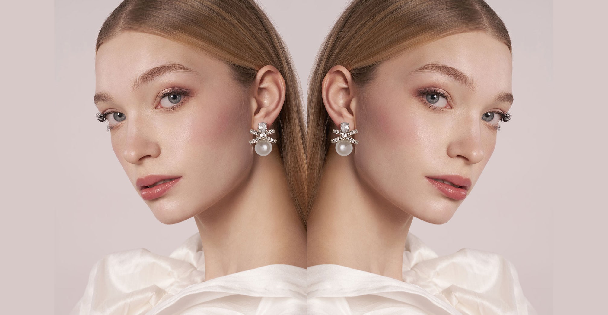 Side-by-side comparison of a woman wearing pearl earrings against a plain background