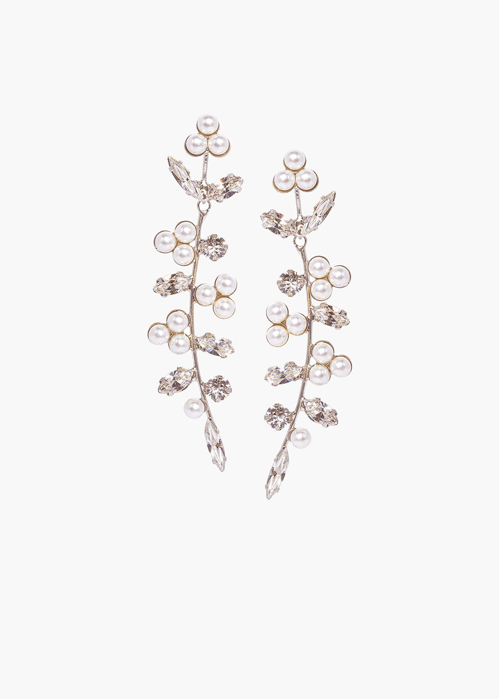 Pair of floral earrings with pearls on a white background