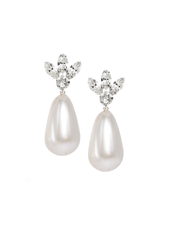 A pair of silver plated crystal topped pearl earrings on a white background
